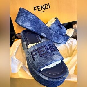 *Brand New* Fendi - Sunshine Logo Sea Garden Denim Platform Heel Sandals - 35